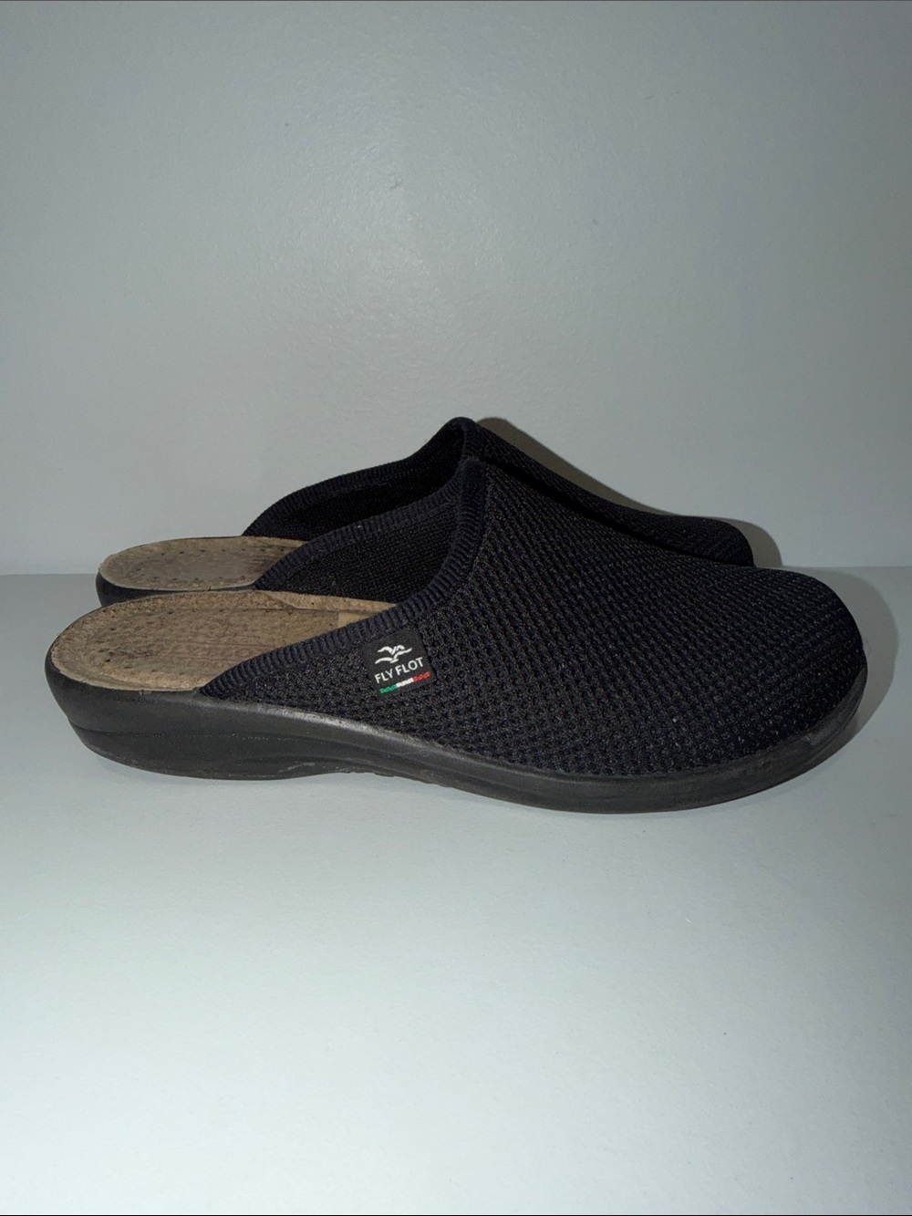 FLY FLOT 7.5 Black Mesh Genuine Leather Anatomic Footbed Slip On Mules Clogs